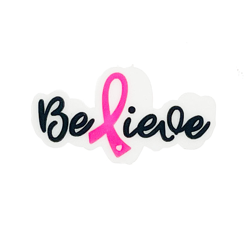 Silicone Focal Beads Ribbon Letter Believe Pink Ribbon 20pcs