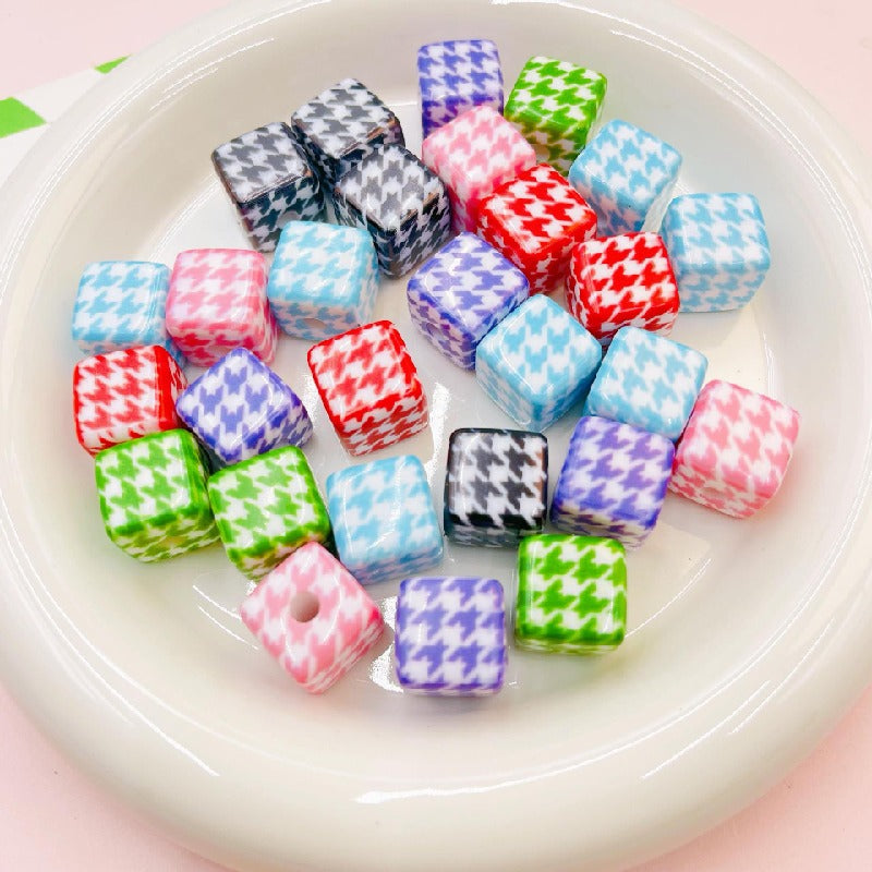 Houndstooth Square Acrylic Beads 16mm Colorful Pattern 10pcs 2