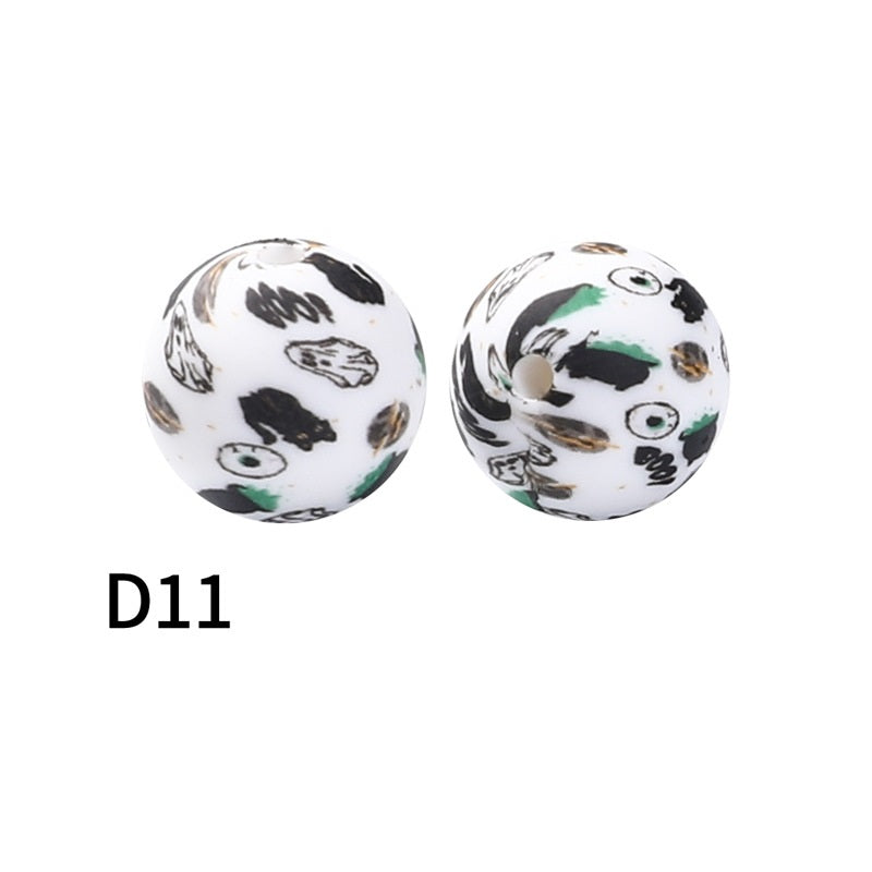 50Pcs 15mm Colored pattern printed silicone beads 13