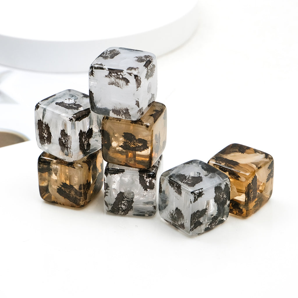 Transparent Square Acrylic Beads 16mm Ink Leopard Print 10pcs