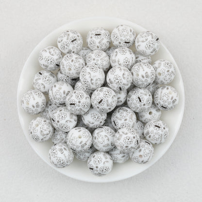 15mm Black and White Patterned Print Round Silicone Beads 50pcs 2