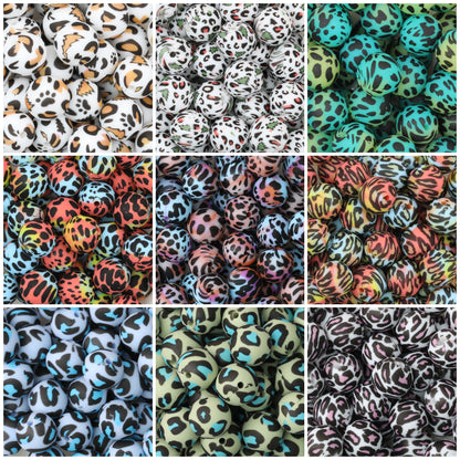 15mm Colored Leopard Print Round Silicone Beads 50pcs