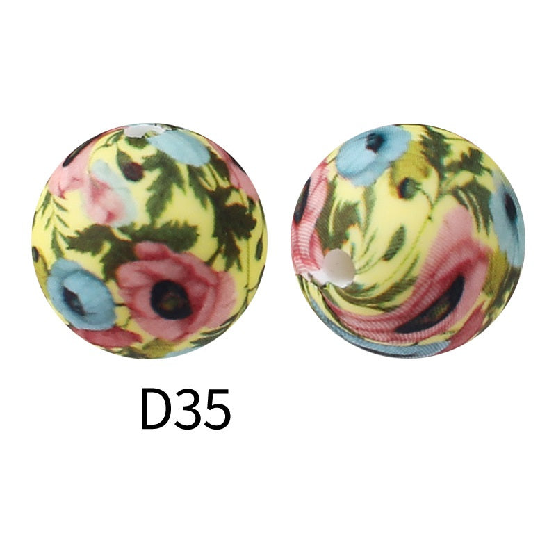 50Pcs 15mm Colored pattern printed silicone beads 37
