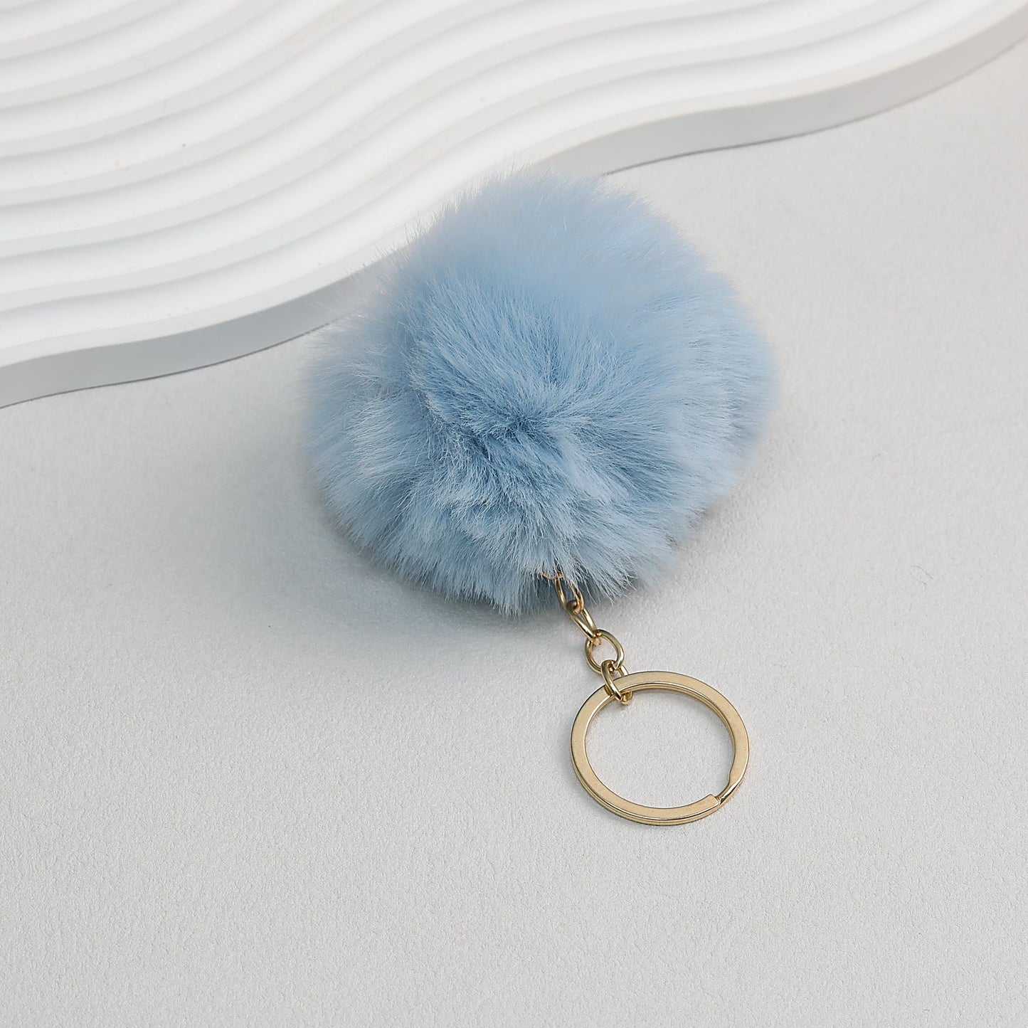 Pom Pom Keychain Plush Violet Faux Fur Ball Gold Ring 8cm - Sky blue