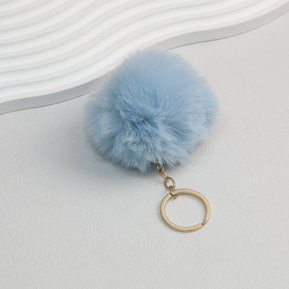 Pom Pom Keychain Plush Violet Faux Fur Ball Gold Ring 8cm - Sky blue