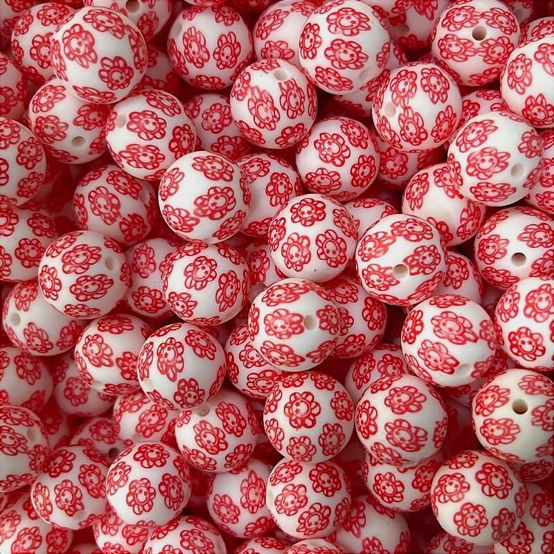 15mm Silicone Beads Red Smile Flower Print 50pcs