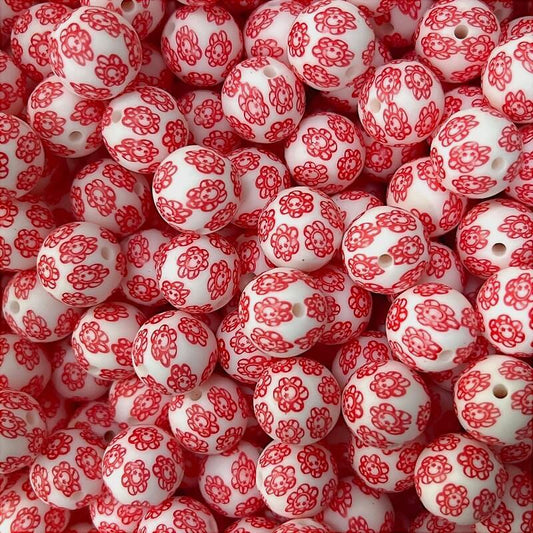 15mm Silicone Beads Red Smile Flower Print 50pcs