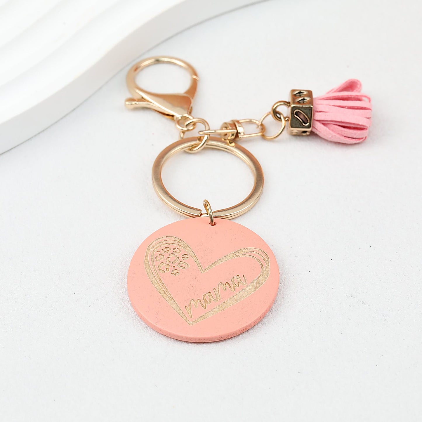 Wood Tassel Keychain Engraved Mama Heart Design Natural Pastel Colors - Pink