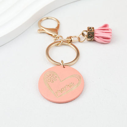 Wood Tassel Keychain Engraved Mama Heart Design Natural Pastel Colors - Pink