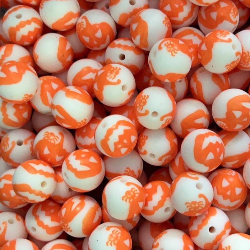 15mm Silicone Beads Orange Pumpkin Printed Holiday 50pcs