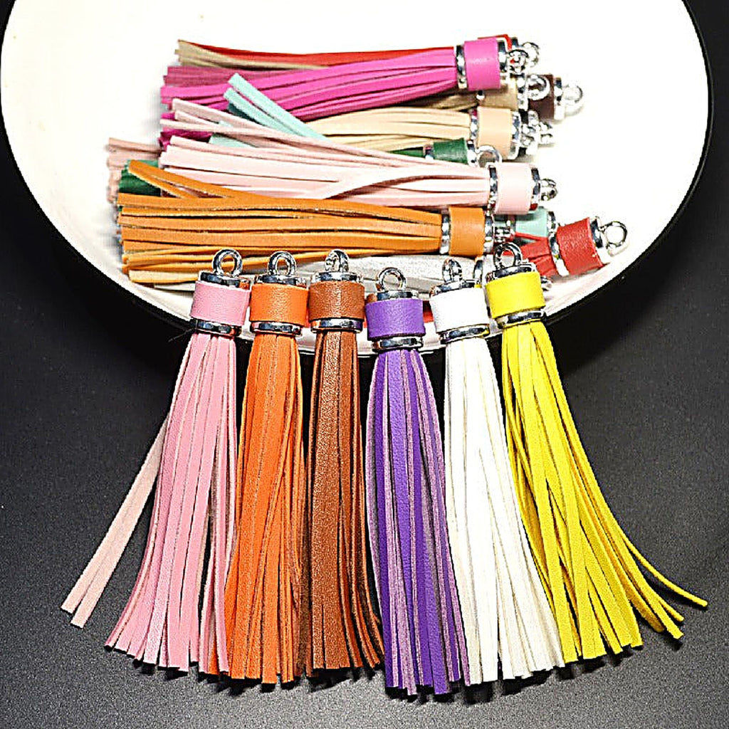 Silver PU Leather Tassel Keychain Metallic 9cm Length