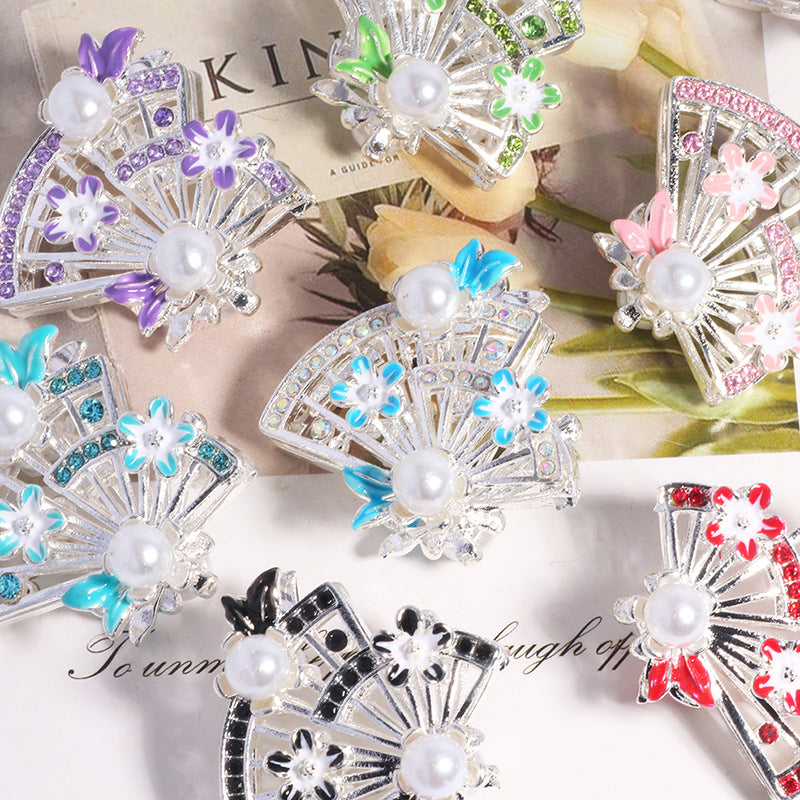 Alloy Hollow 3D Fan Shaped Rhinestone Beads 33mm 3pcs