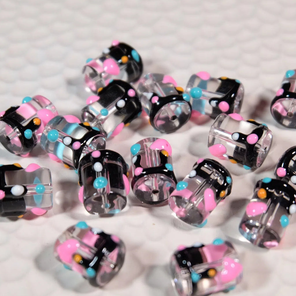 Painted Heart Pattern Cylindrical Glass Beads 11x13mm Hand Painted 10pcs 2