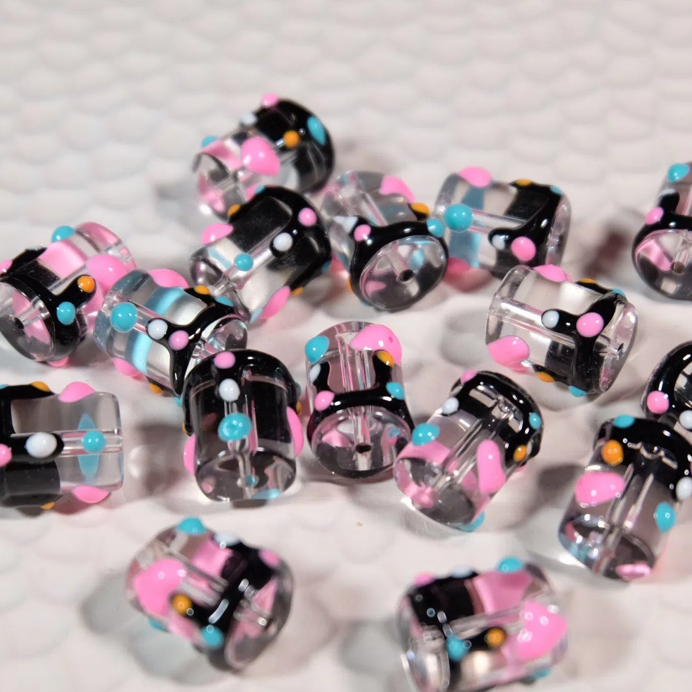 Painted Heart Pattern Cylindrical Glass Beads 11x13mm Hand Painted 10pcs 2