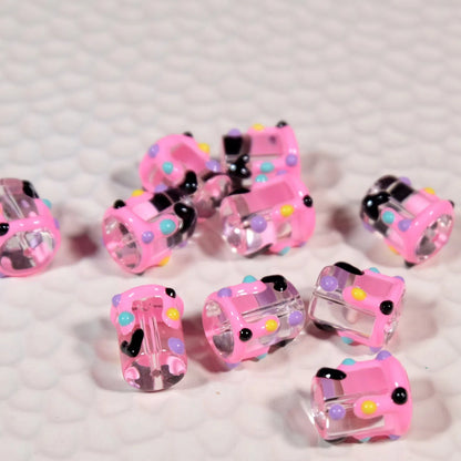 Painted Heart Pattern Cylindrical Glass Beads 11x13mm Hand Painted 10pcs 6