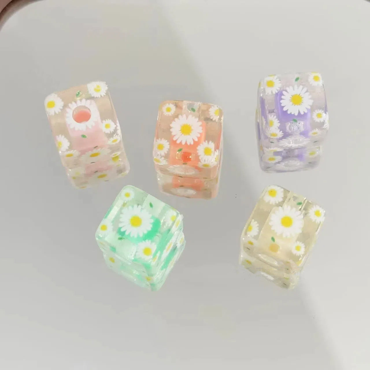 Daisy Pattern Acrylic Square Beads 14mm Pastel Colors 10pcs
