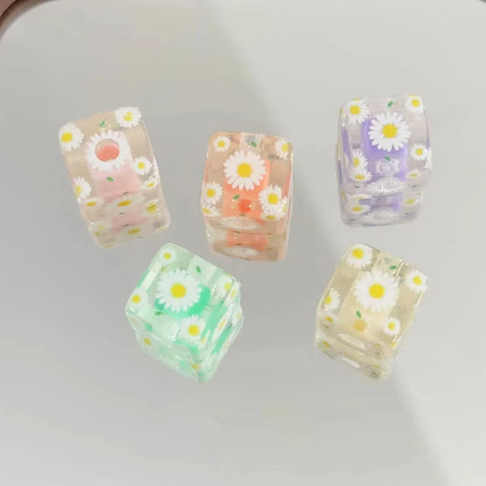 Daisy Pattern Acrylic Square Beads 14mm Pastel Colors 10pcs