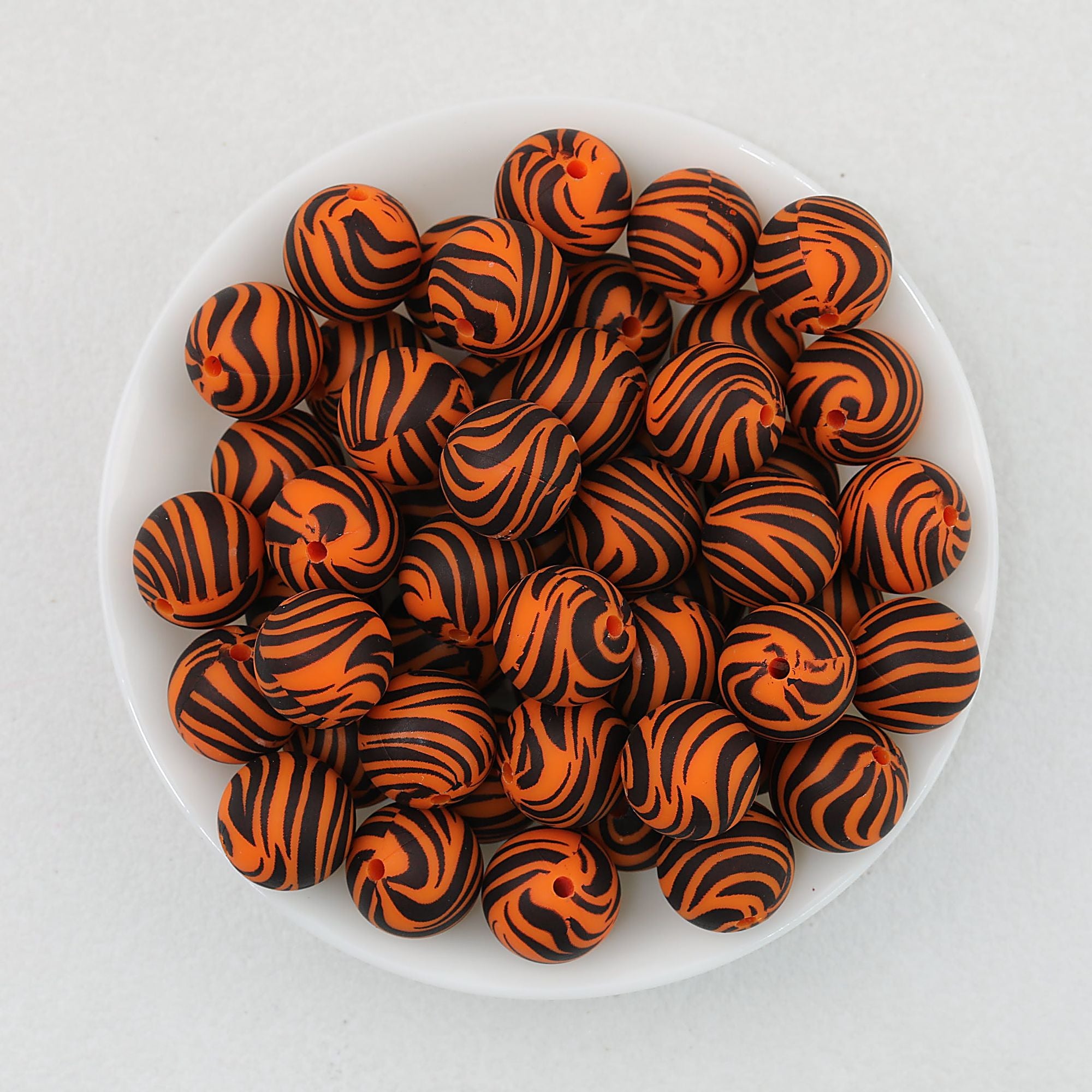 15mm Patterned Printed Silicone Round Beads Bright Colors 50pcs - Zebra Orange