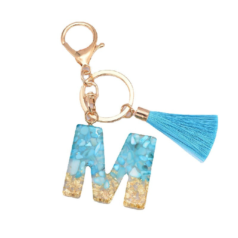Blue Resin Tassel Monogram Keychain with Gold Flake Accent 5