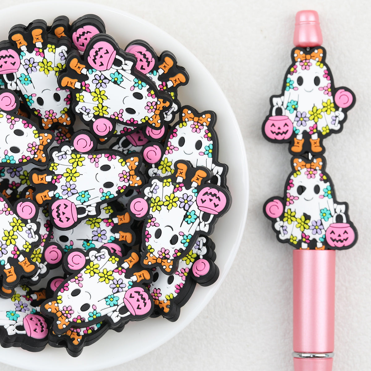 Pink Pumpkin silicone focal beads Wholesale, Halloween Ghost Flower Design