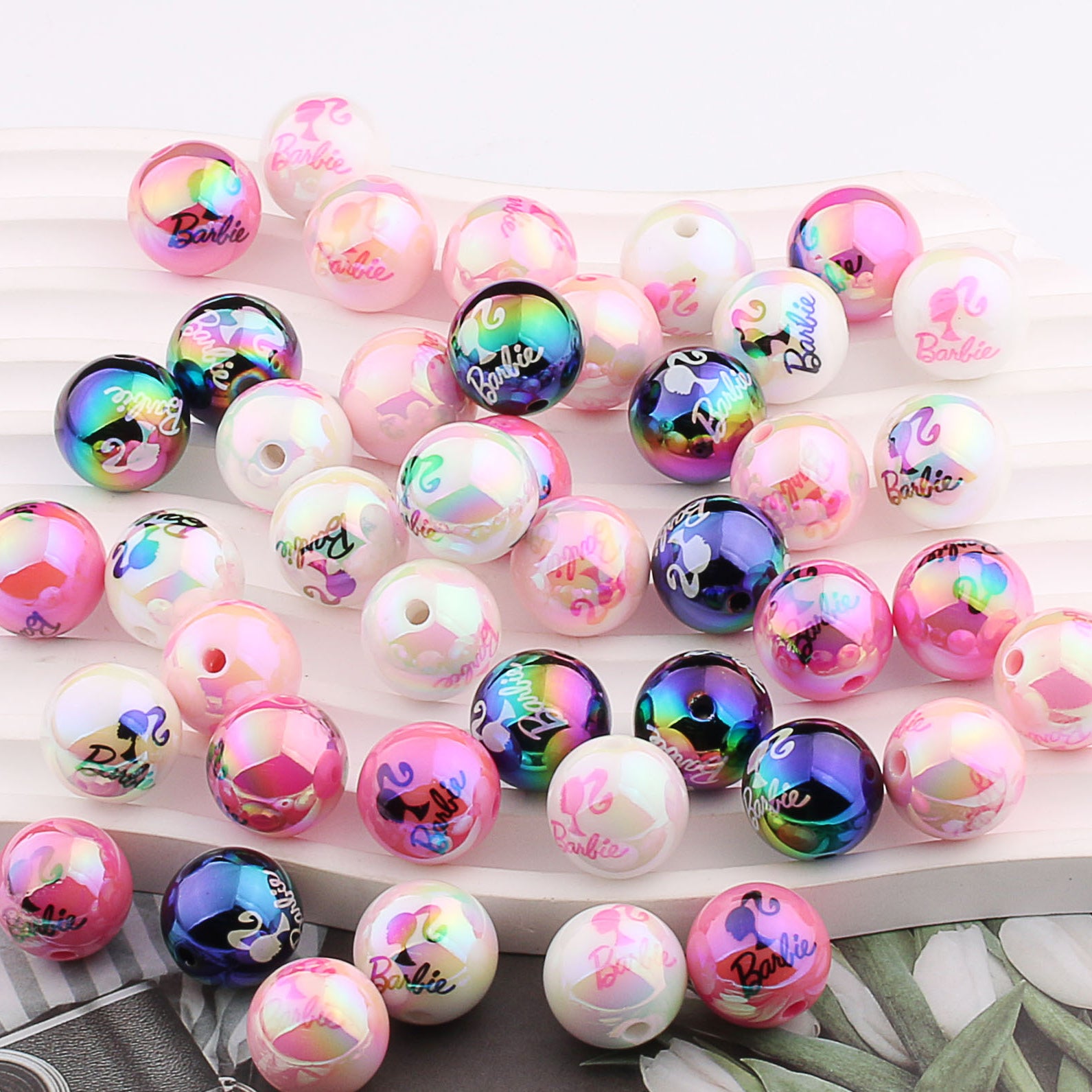 Plating Round Acrylic Beads 16mm UV Barbie Letter Printed 20pcs 2