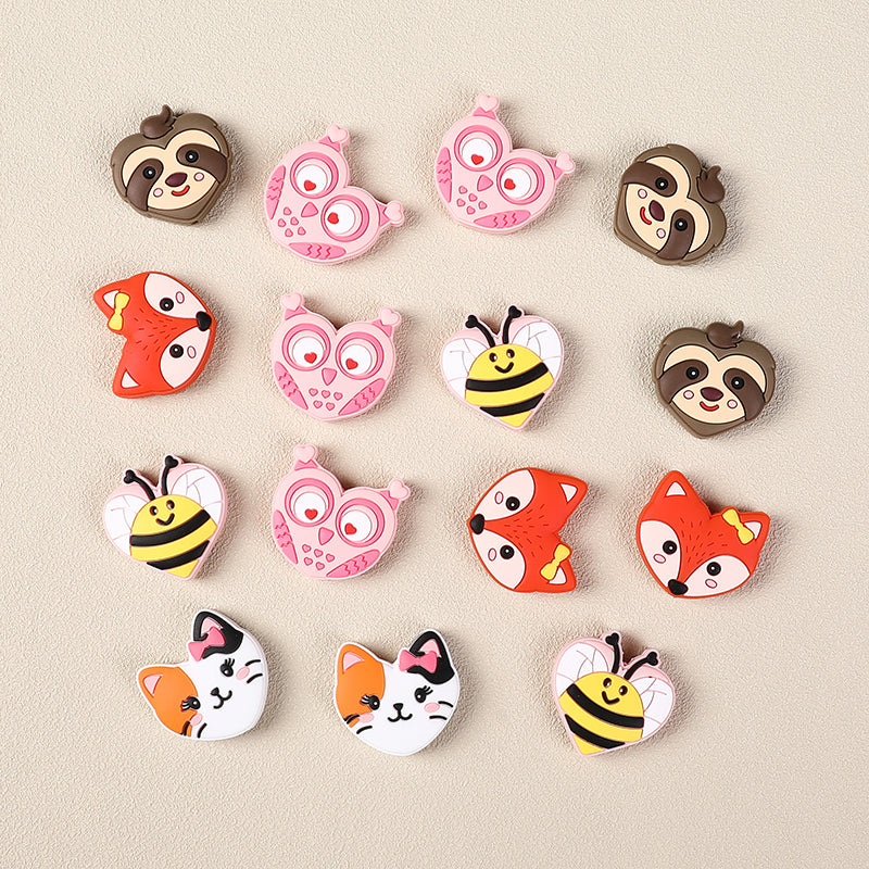 Silicone Focal Beads Valentine Day Heart Shaped Bee Owl Fox Sloth Kitten 20pcs 5