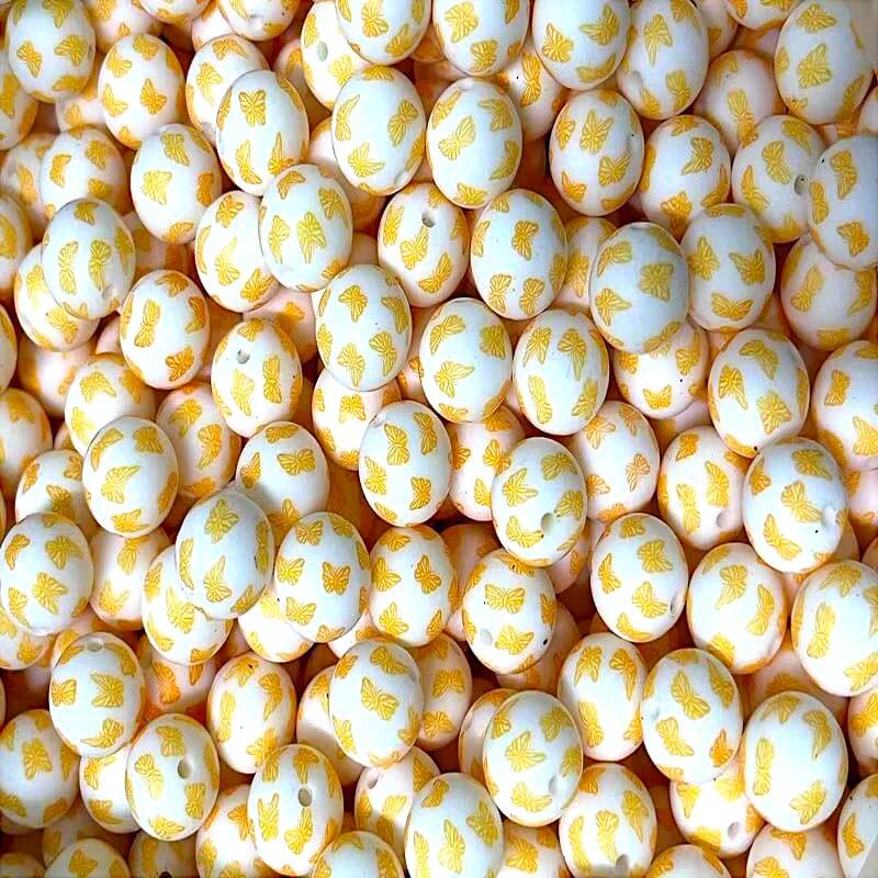15mm Silicone Beads Butterfly Printed White Gold Yellow 50pcs