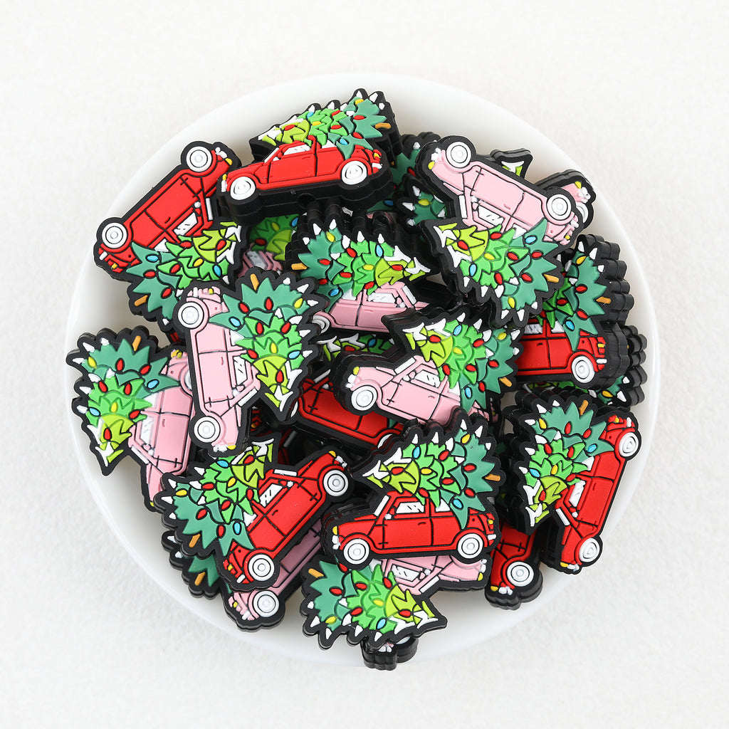 Tree-Topped Car Silicone Focal Beads Wholesale, Christmas Holiday Light Pattern
