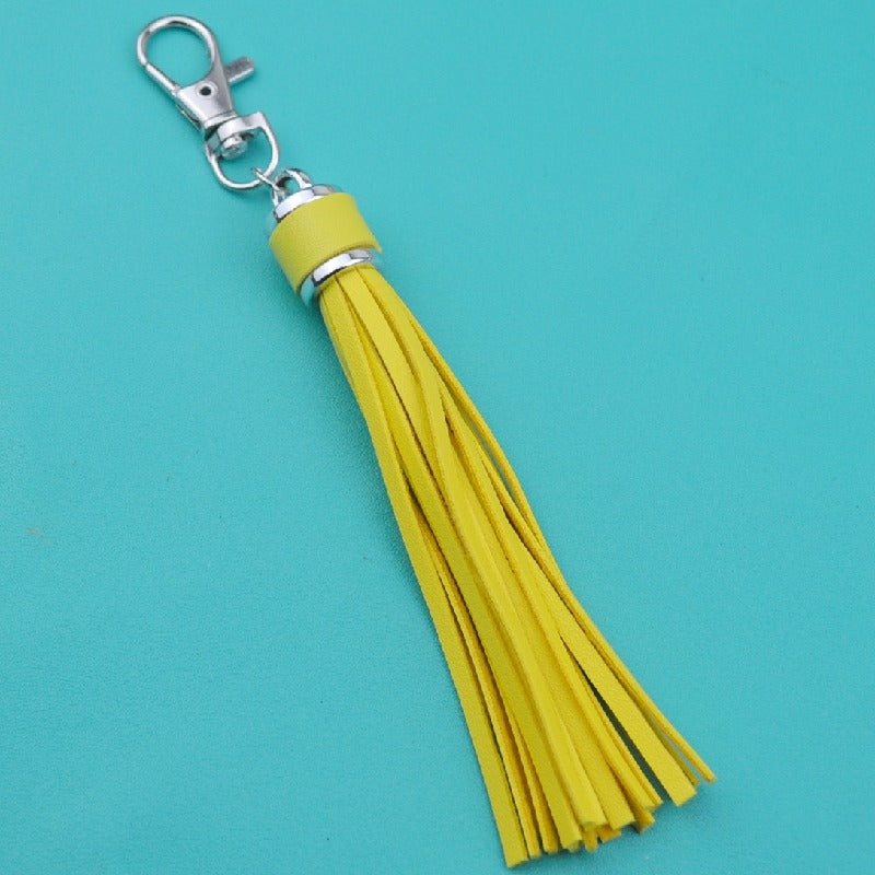 PU Leather Tassel Keychain 9cm Strips Silver Lobster Clasp 34