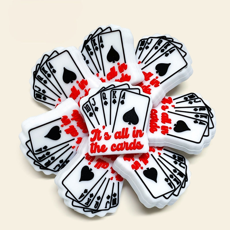 Silicone Focal Beads Poker Cards Red Script Black Spades 20pcs