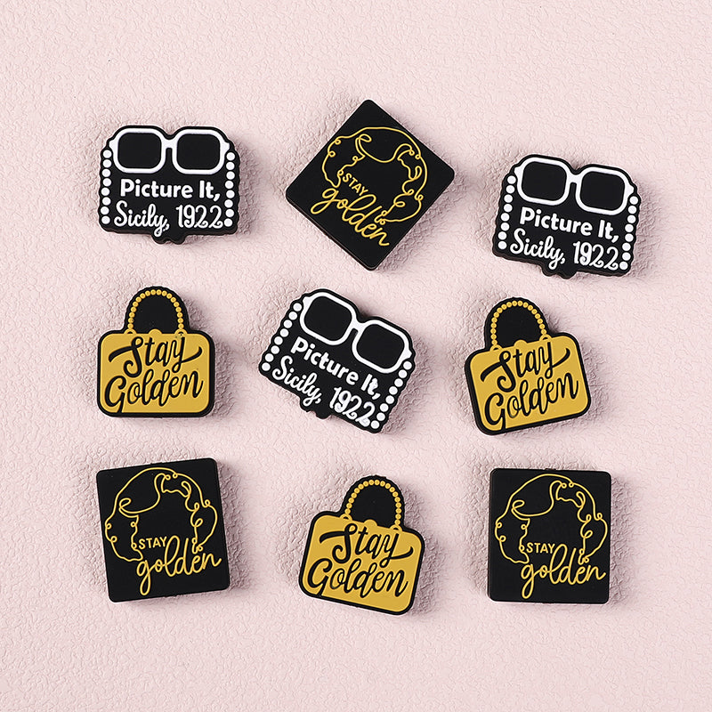Silicone Focal Beads The Golden Girl Retro Black and Gold Designs 20pcs 6