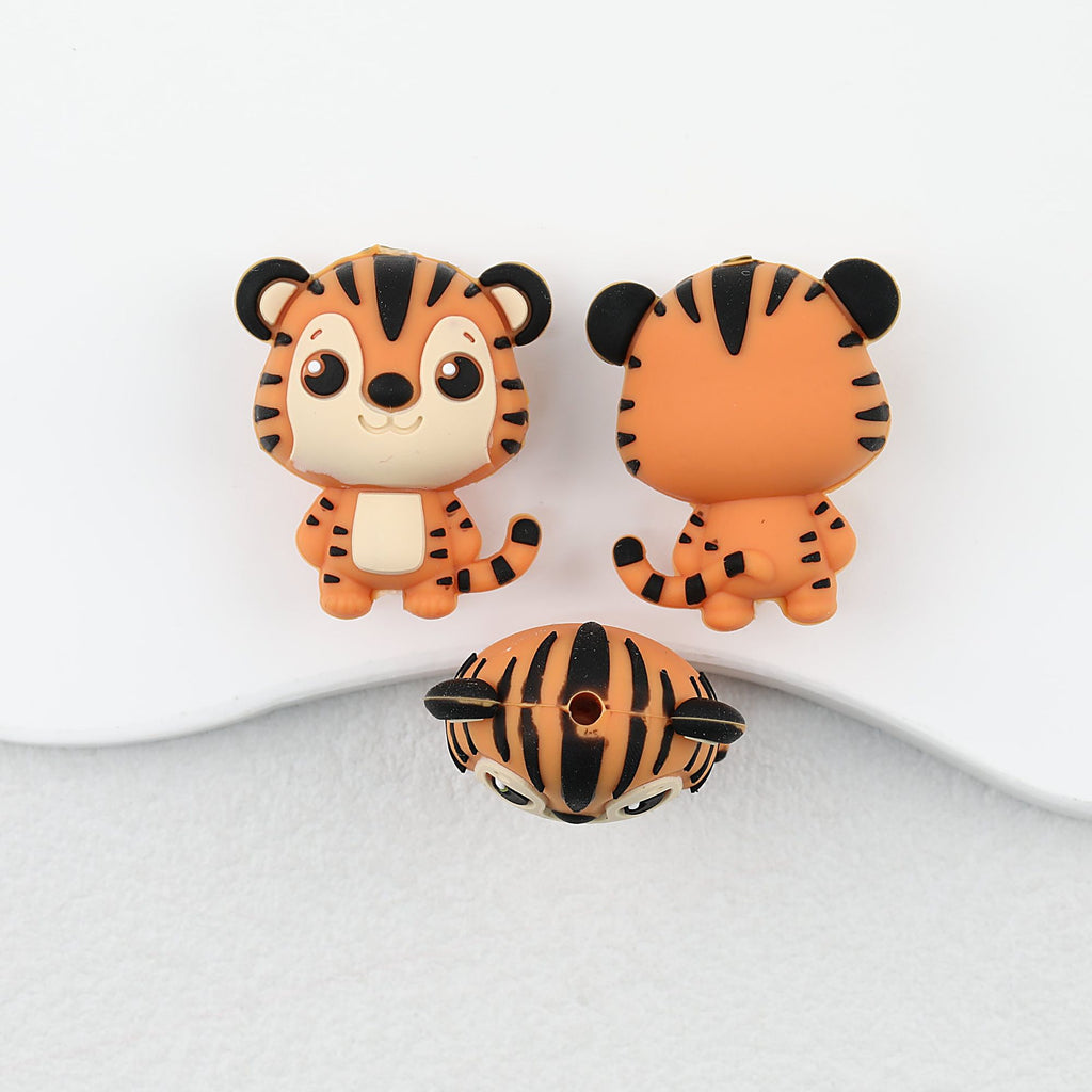 Silicone 3D Focal Beads Tiger Bright Orange Sparkling Eyes 20pcs - Tiger
