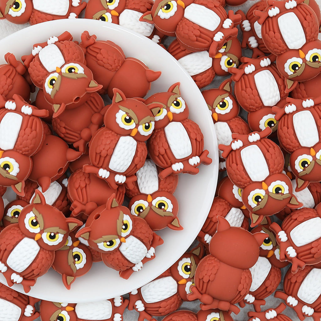 3D Brown Owl Silicone Focal Beads 20pcs