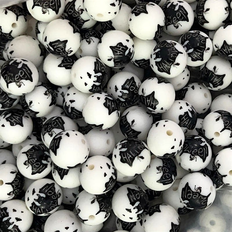 15mm Silicone Beads Black Bat Print Halloween 50pcs
