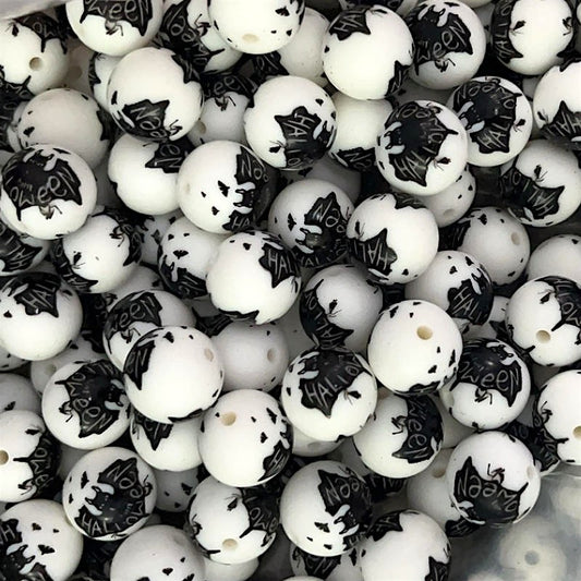 15mm Silicone Beads Black Bat Print Halloween 50pcs