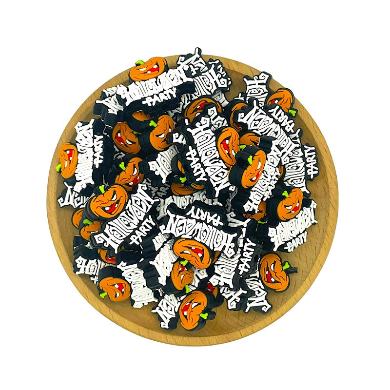 Silicone Focal Beads Halloween Pumpkin With Halloween Party Text 20pcs 2