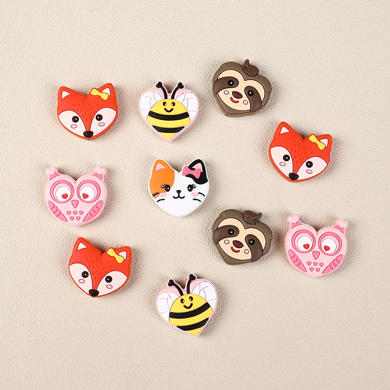 Silicone Focal Beads Valentine Day Heart Shaped Bee Owl Fox Sloth Kitten 20pcs 7