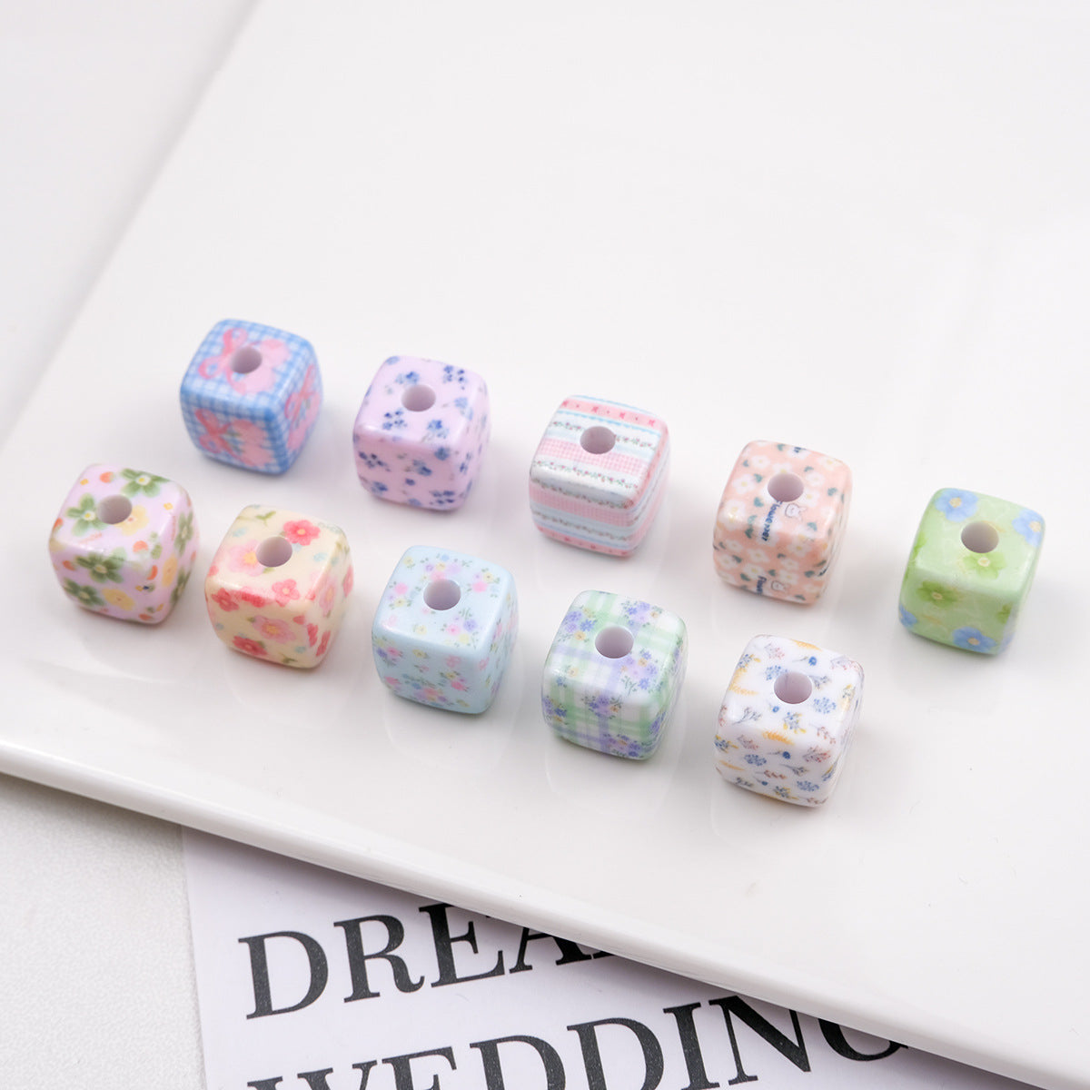 Vintage Spring Floral Plaid Square Acrylic Beads 13mm 50pcs 2