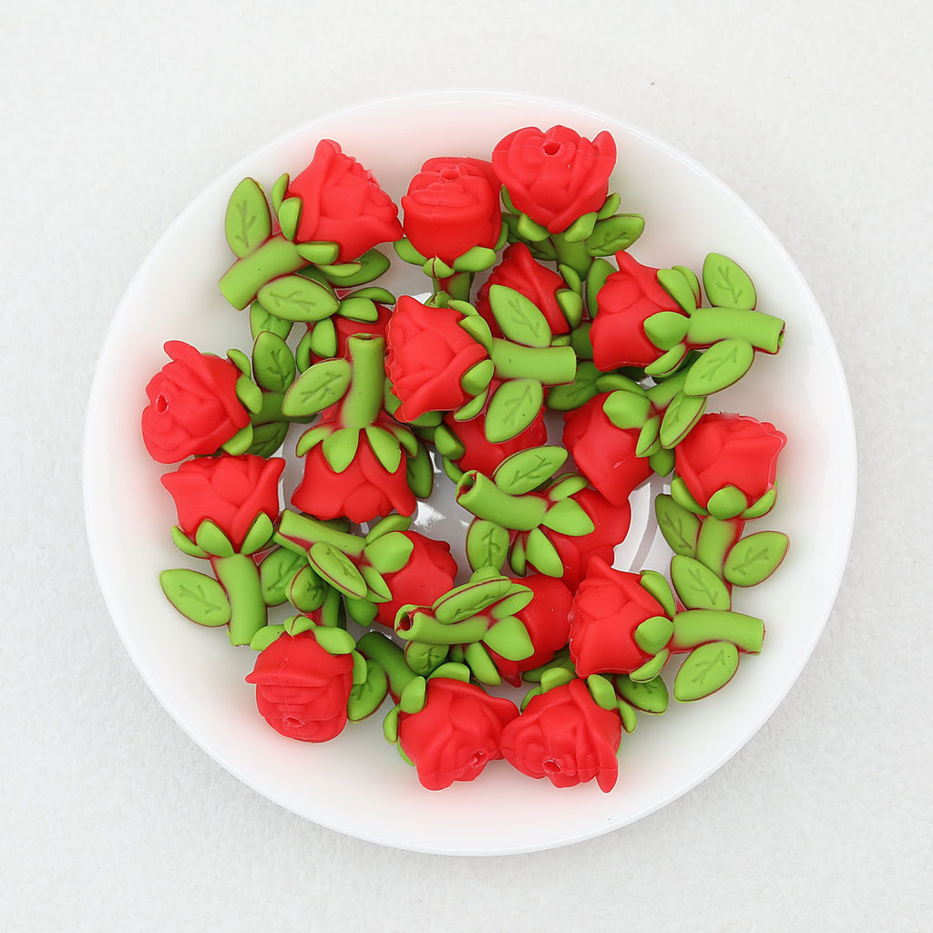 Red Rose 3D Silicone Focal Beads with Green Leaves 20pcs