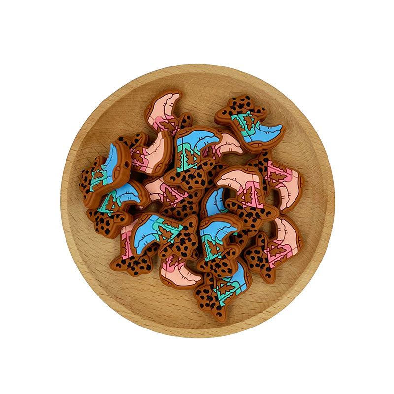 Silicone Focal Beads Western Boots Leopard Print Hats 20pcs 4
