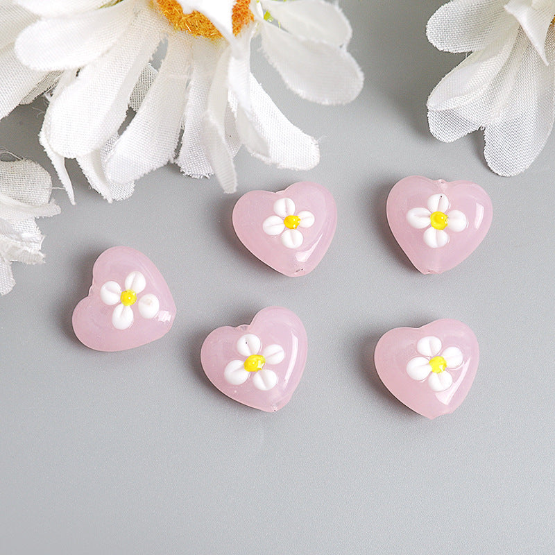 Heart Shape Flower Glass Beads 16mm 10pcs 2