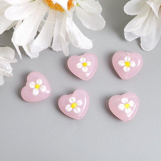 Heart Shape Flower Glass Beads 16mm 10pcs 2