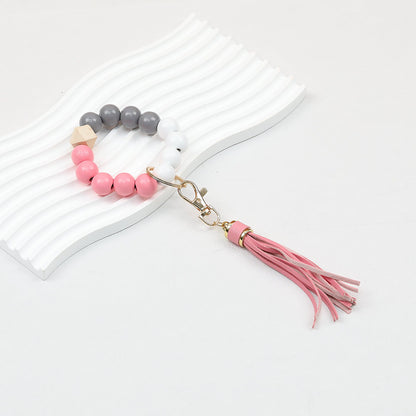 Tassel Wooden Beaded Keychain with PU Leather Tassel 23x10cm - Pink