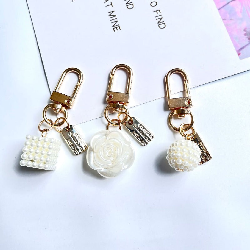 Acrylic Bow Rose Flower Keychain with Pearly Charms and Gold Hardware 3