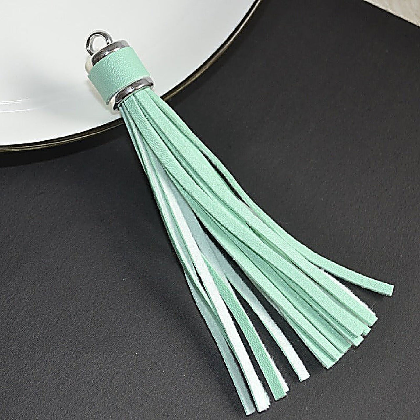 Silver PU Leather Tassel Keychain Metallic 9cm Length - 26 Fresh Green