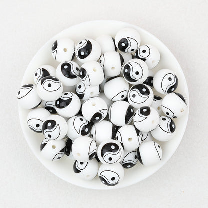 15mm Black and White Patterned Silicone Round Beads 50pcs - Yin Yang