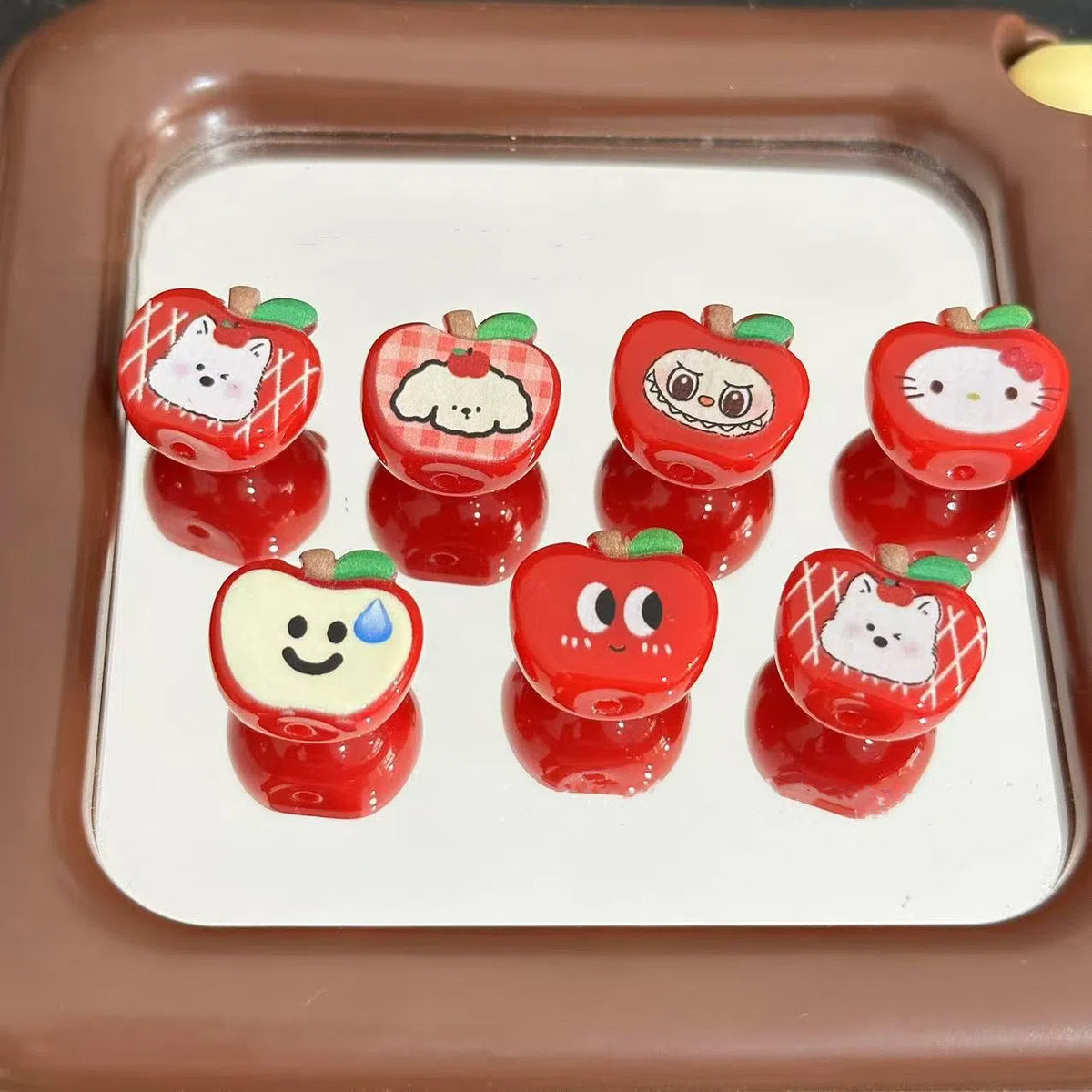 Painted Half Apple Acrylic Beads 14mm Kitty Puppy Emoji Design 10pcs
