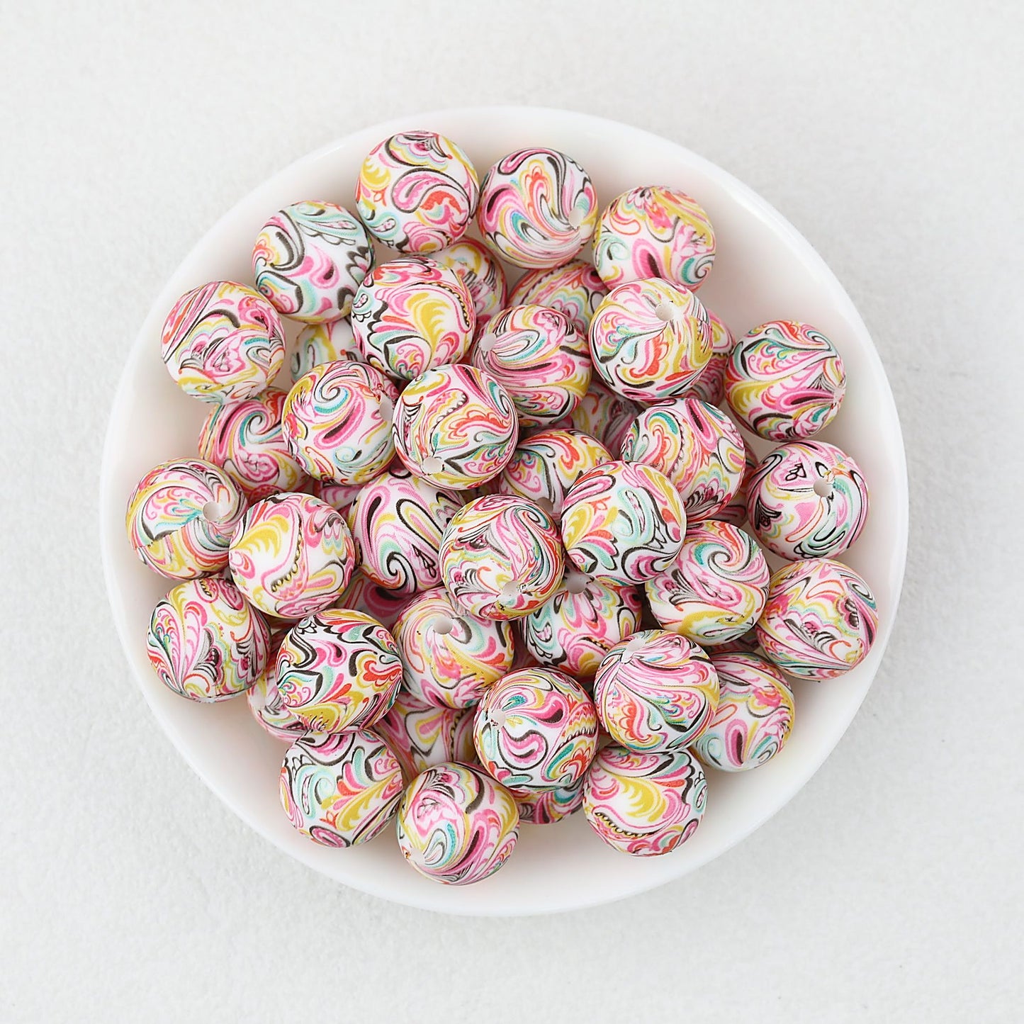 15mm Patterned Printed Silicone Round Beads Bright Colors 50pcs - Phoenix Tail