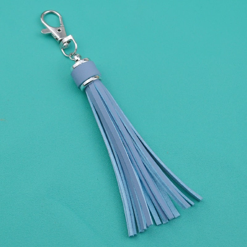 PU Leather Tassel Keychain 9cm Strips Silver Lobster Clasp 37