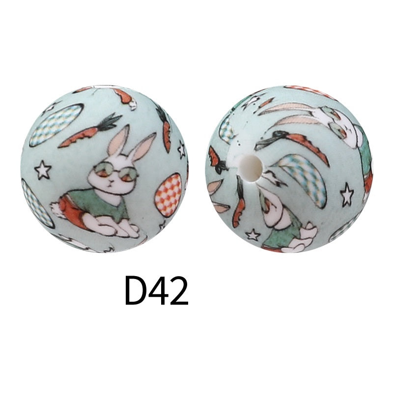 50Pcs 15mm Colored pattern printed silicone beads 44